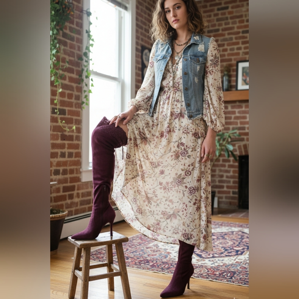 ​Chic Burgundy Suede MICHAEL ANTONIO Knee High Boots Sz 8 Stiletto Heel Lace Tri